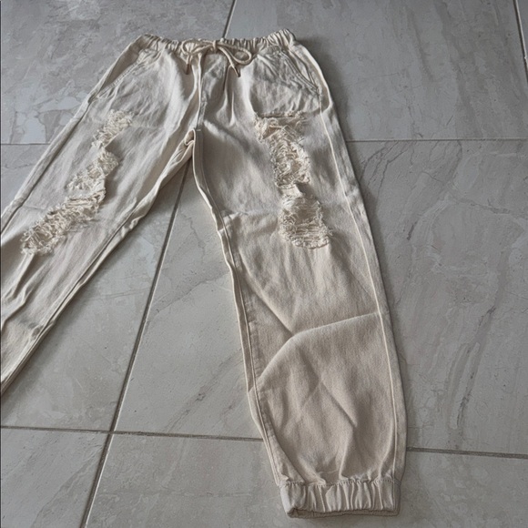 Fashion Nova Cream Distressed Joggers - Picture 6 of 10